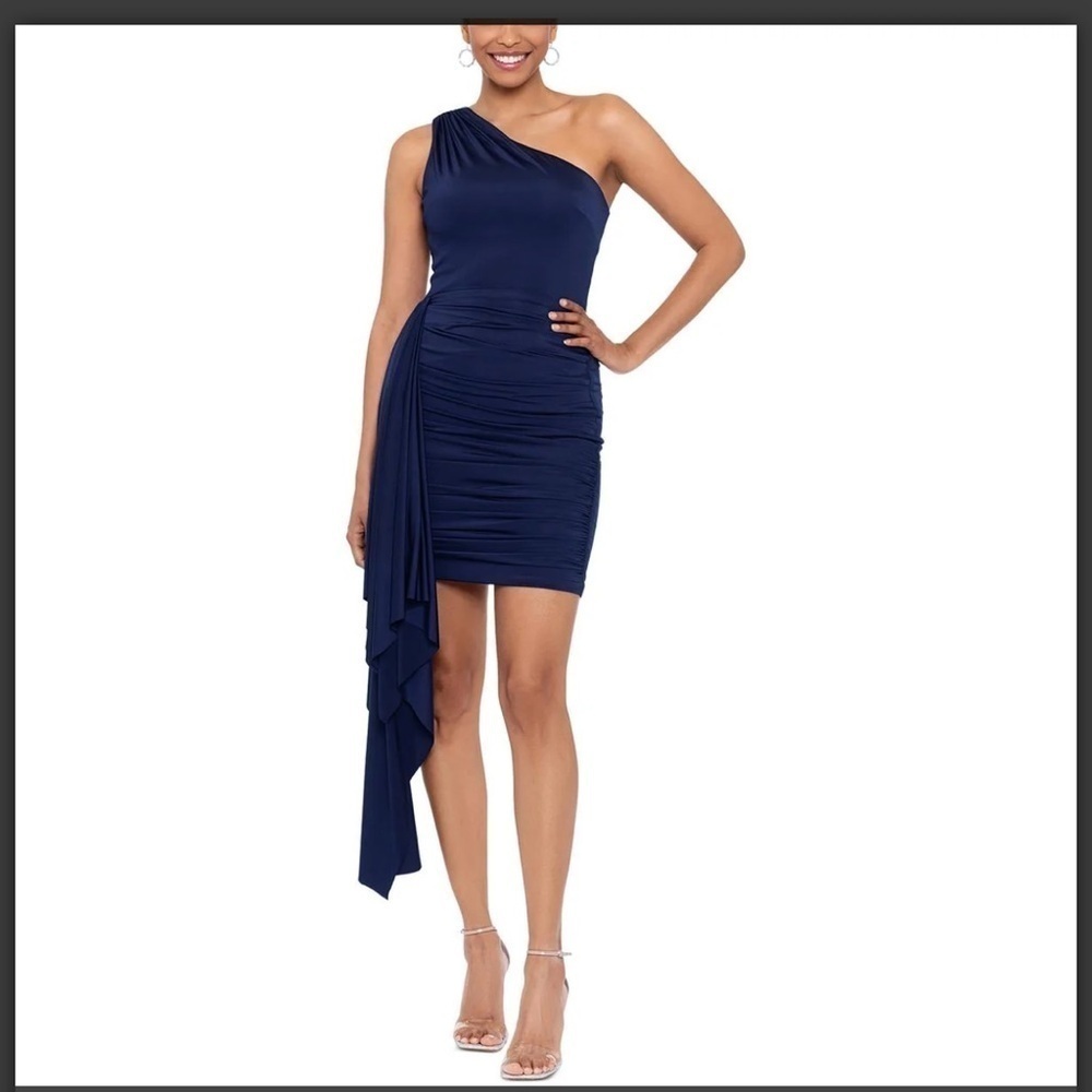 Xscape Elegant Navy One-Shoulder Dress NWT
